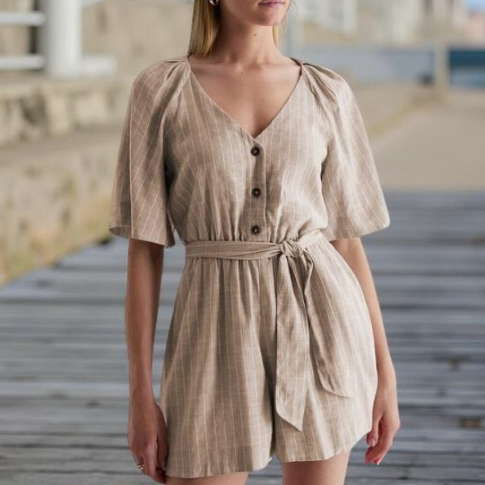 Express Neutral Linen-Blend Striped Button Up Tie Waist Romper